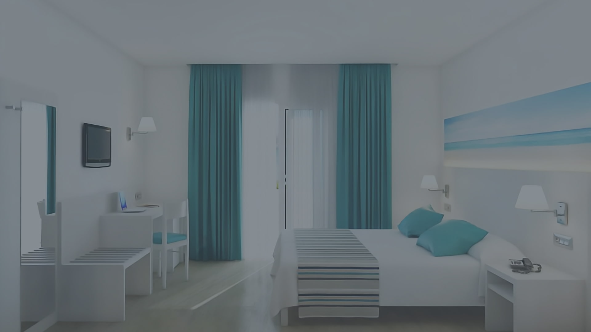 Habitación del Hotel Playas de Paguera, decorada en blanco y tonos azules