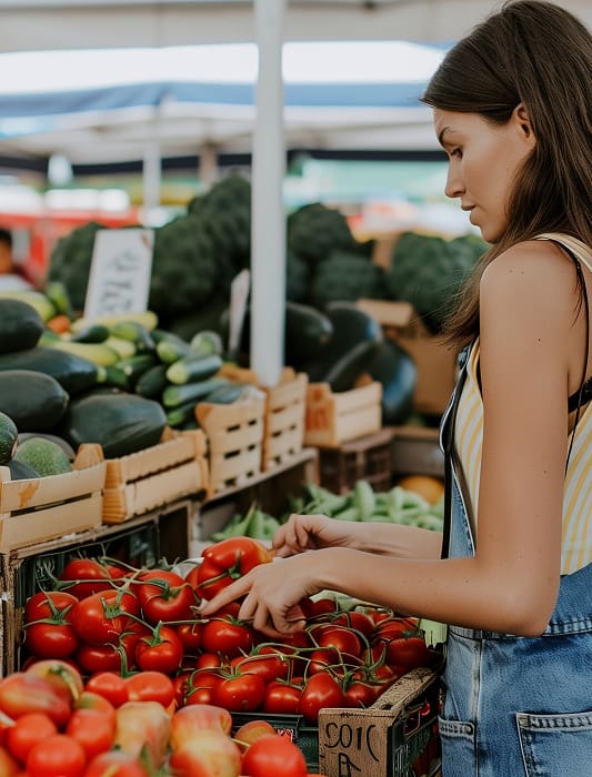 Ein Mädchen betrachtet die Tomaten an einem Stand 
