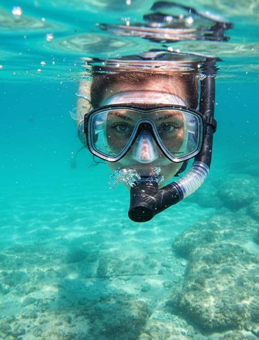 Chica buceando con gafas y tubo