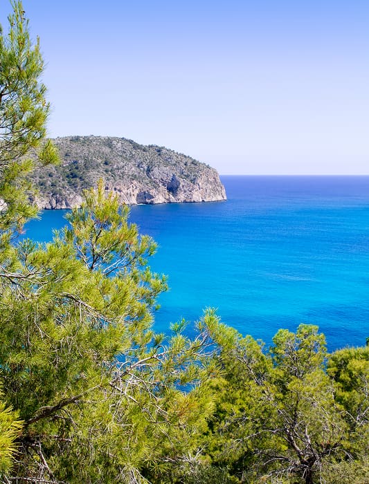 Blick auf eine Bucht mit Vegetation und türkisblauem Wasser