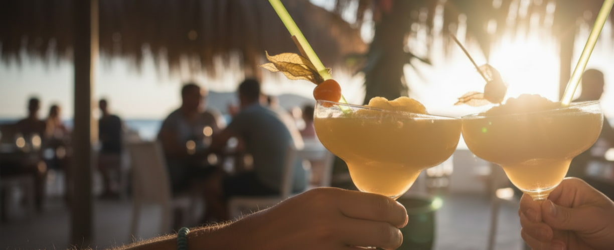 Descuento especial Cócteles tropicales servidos en copas margarita brindando al atardecer