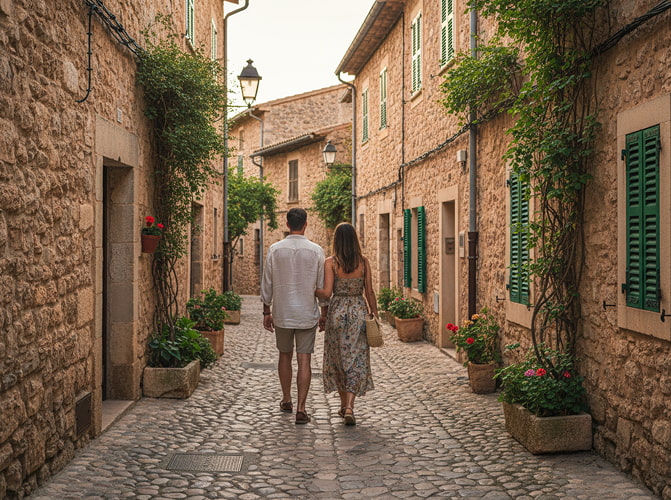 Excursiones Pareja caminando por una calle empedrada de un pueblo tradicional
