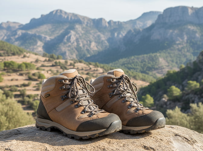 Senderismo Detalle de unas botas de montaña, con paisaje de fondo
